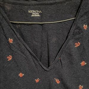 Merona Navy blue V-Neck with Red Floral Accents